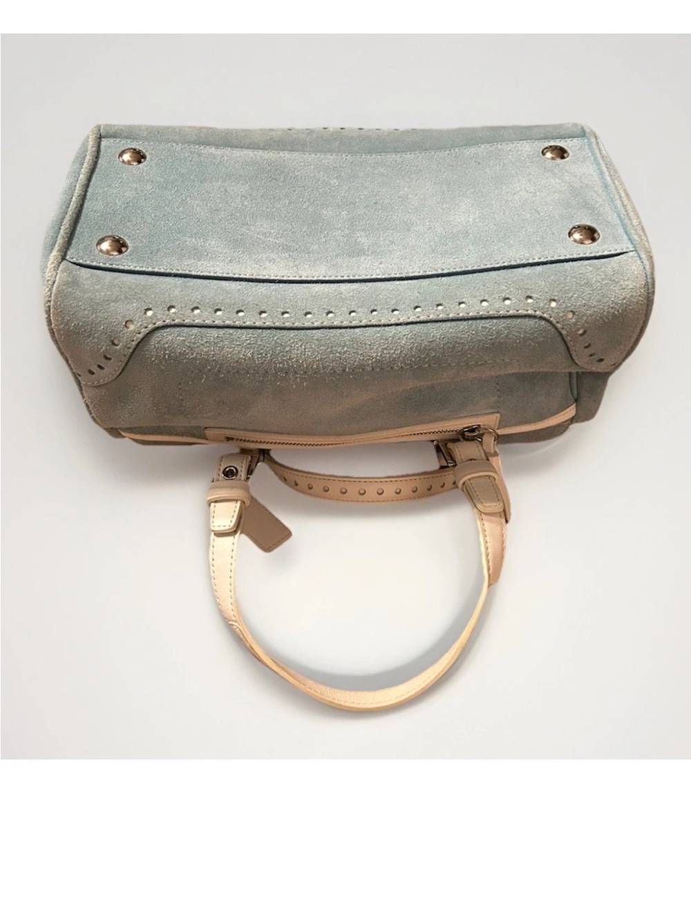 Coach Hamptons Satchel/Wristlet Set, Baby Blue Suede, White Leather Trim VINTAGE - Picture 8 of 13